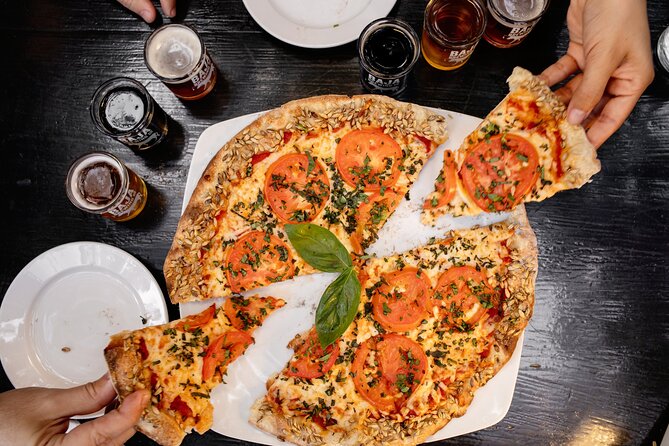 San Jose del Cabo Art Walk, Beer Tasting &Chocolate Demonstration - Baja Brewing Company, beer, and two slices of pizza